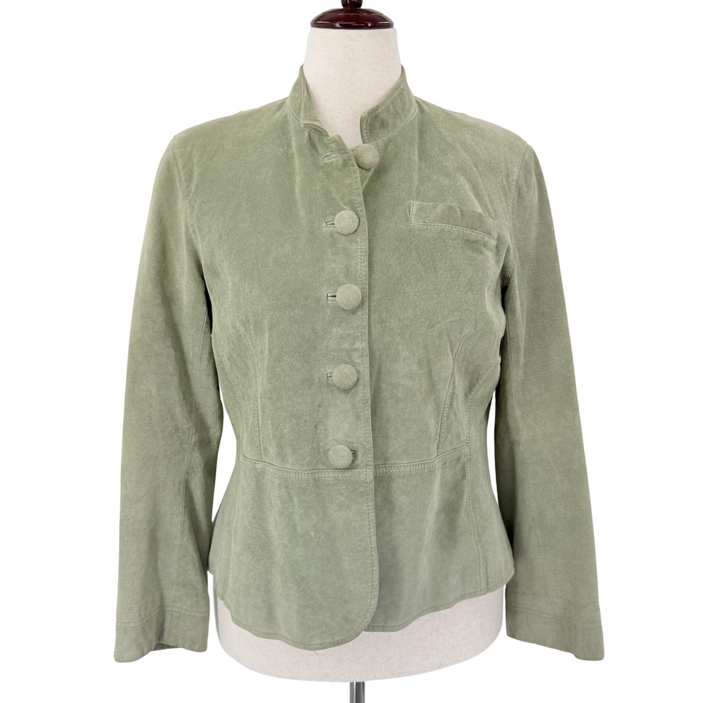 Norm Thompson Sage Green Suede Leather Mock Neck Peplum Button Front Jacket‎